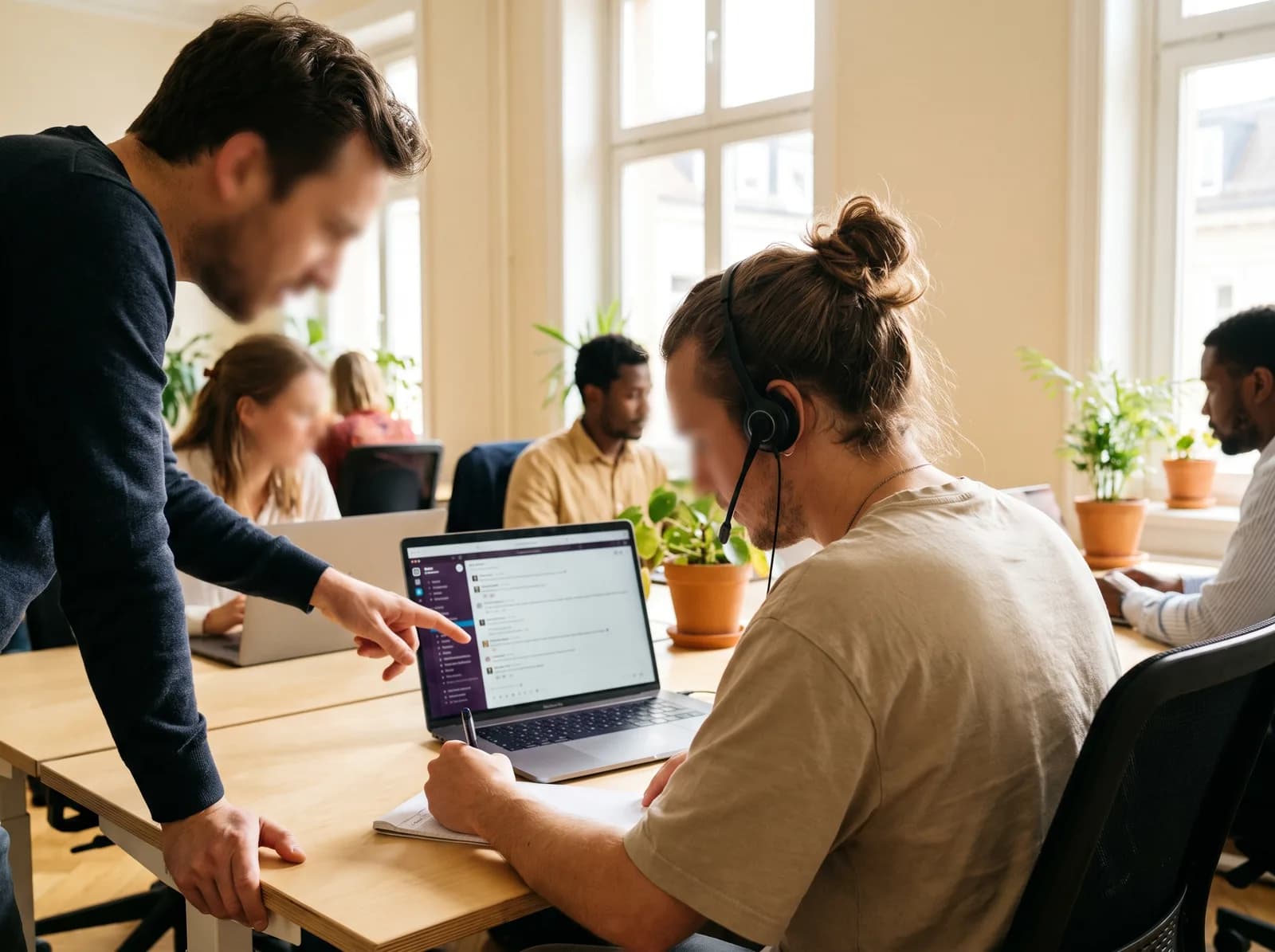 Two support teammates reviewing an open chat thread together on screen