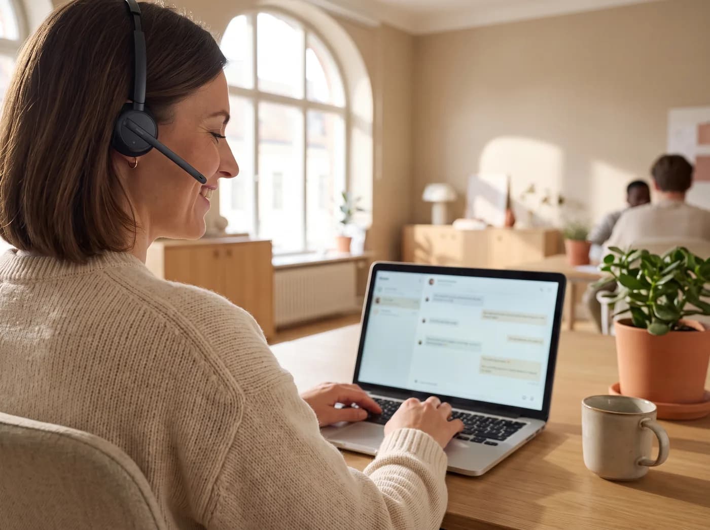 A support agent typing a chat reply on a laptop