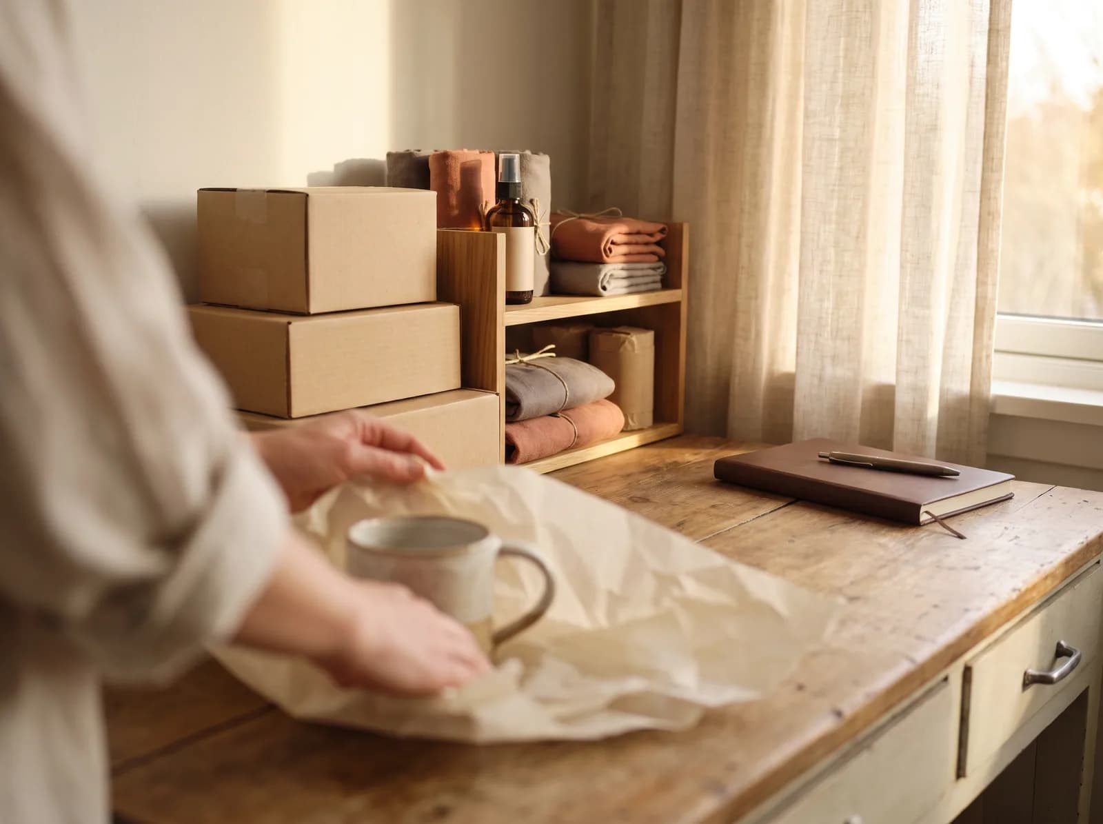 Store owner wrapping a product at a packing station
