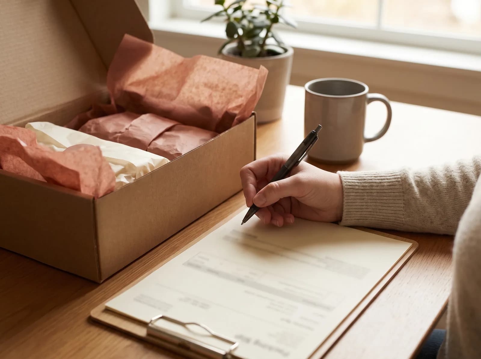Hand with a pen reviewing a printed packing slip next to an opened parcel