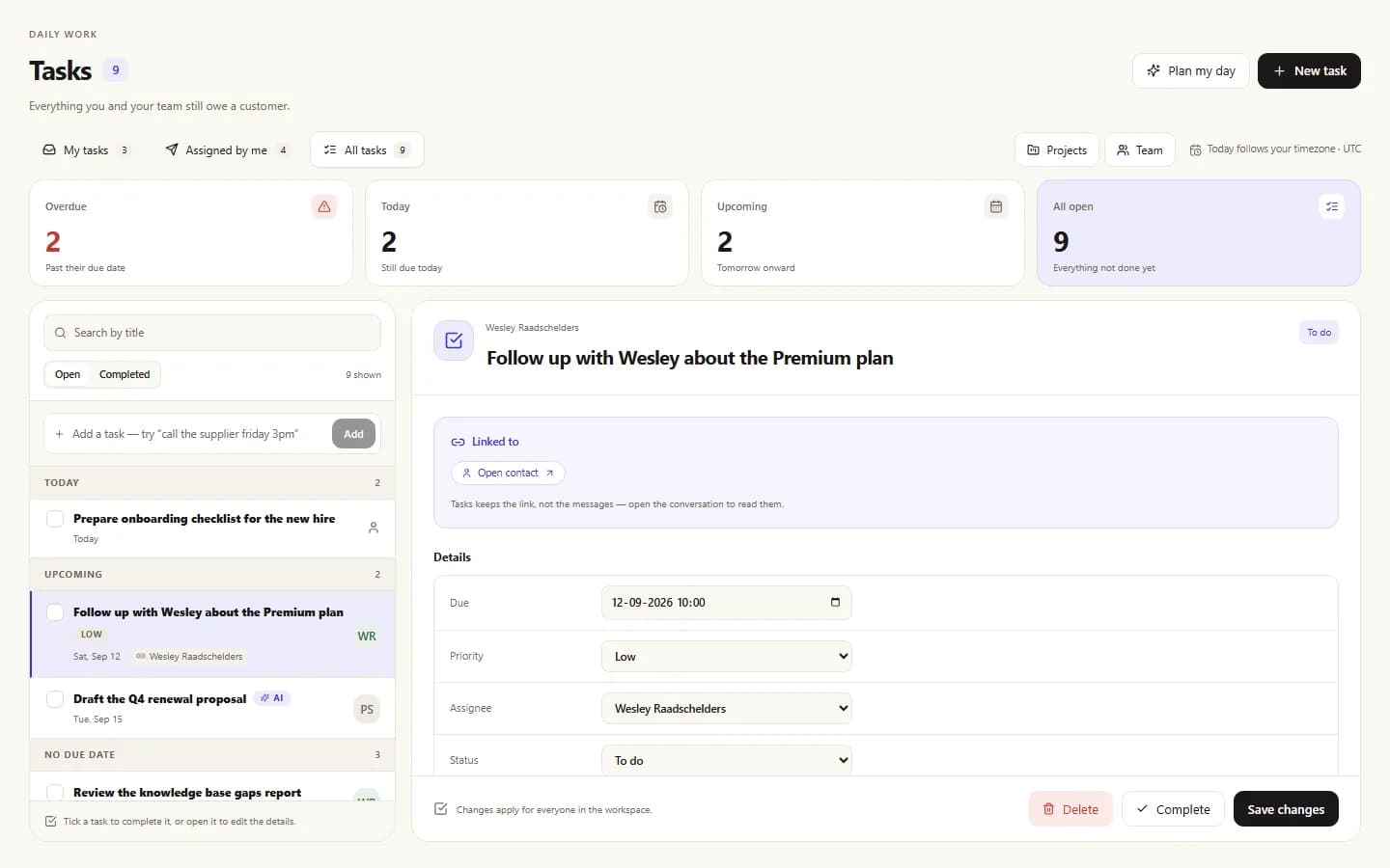 Task detail panel showing “Send updated quote to Acme Corp” linked to a conversation, with its due date, priority and assignee