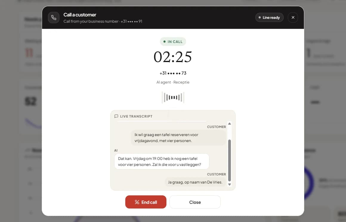 Screenshot of a live AI call in CustomerEagle: the in-call timer, the caller's masked number and the live transcript, with the End call control.