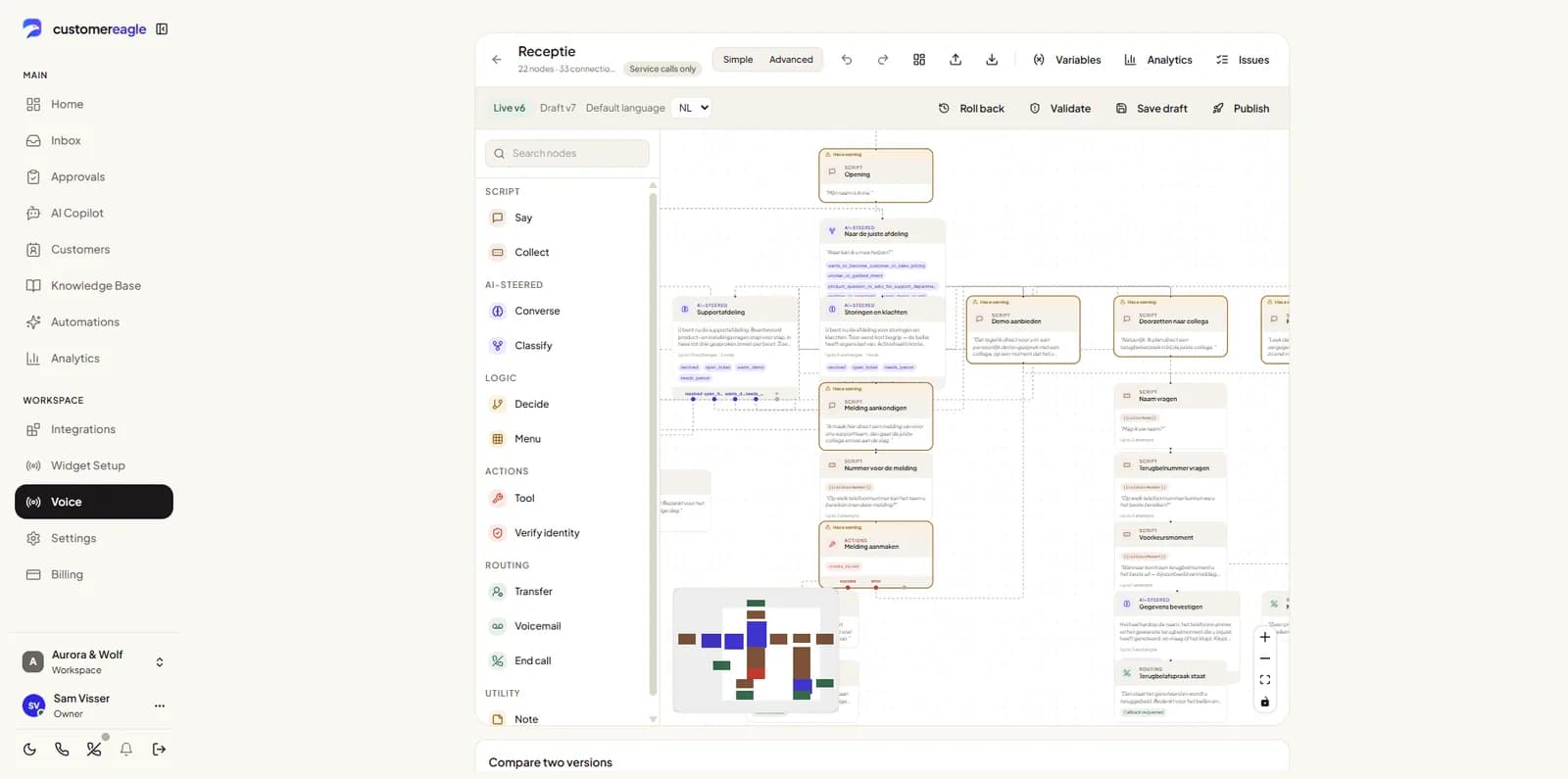 Screenshot of the Voice scenario builder: a reception call flow with script, routing and action nodes connected on the canvas.