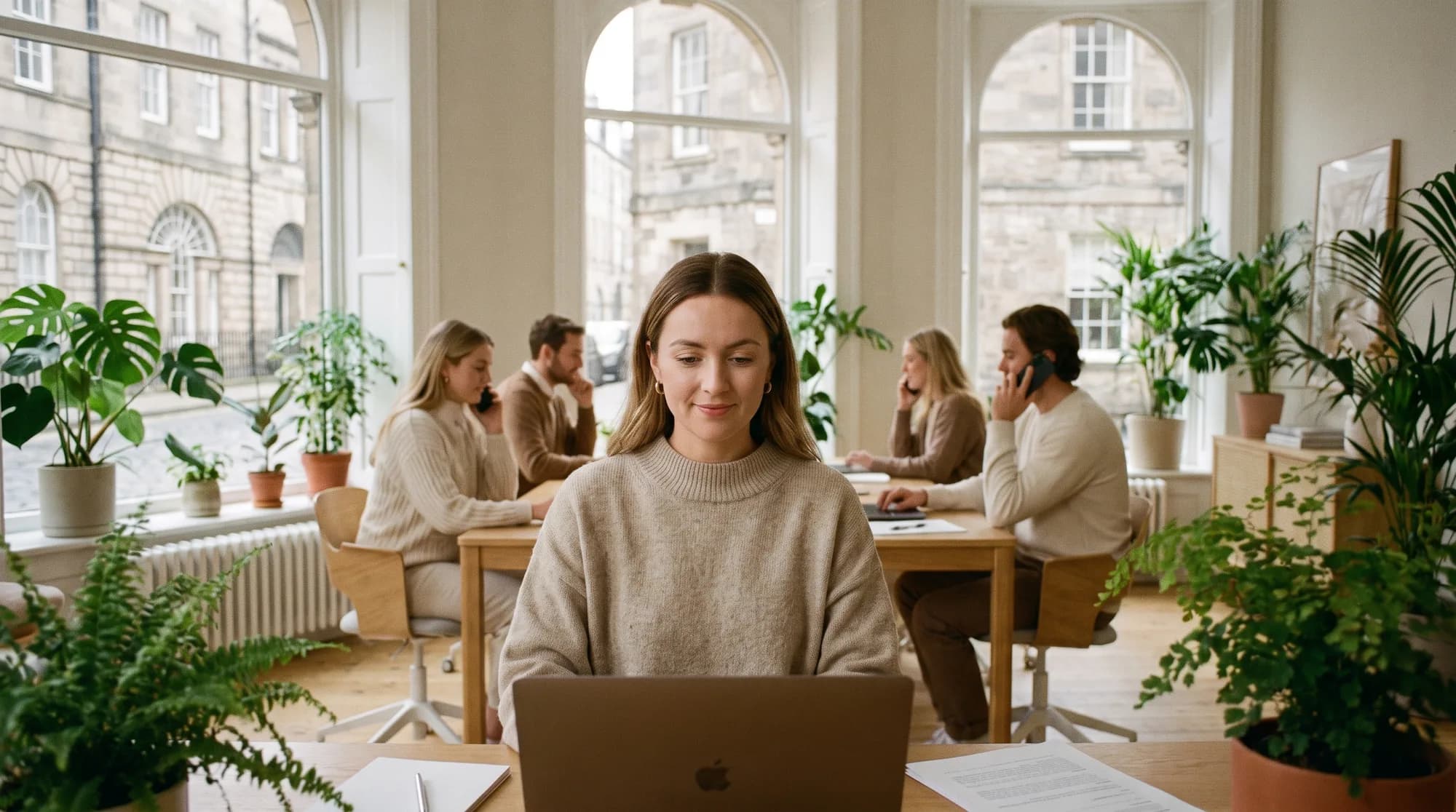A support team working together in a bright open-plan office