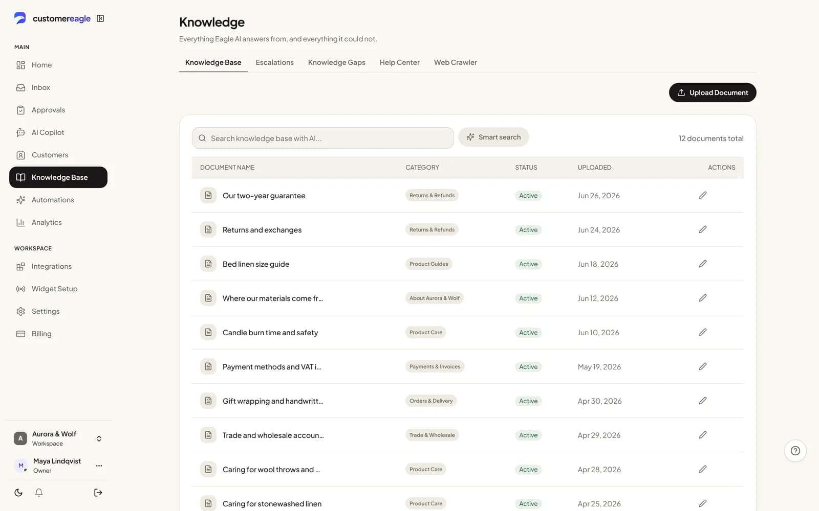 The knowledge base screen listing twelve documents with their category, status and upload date