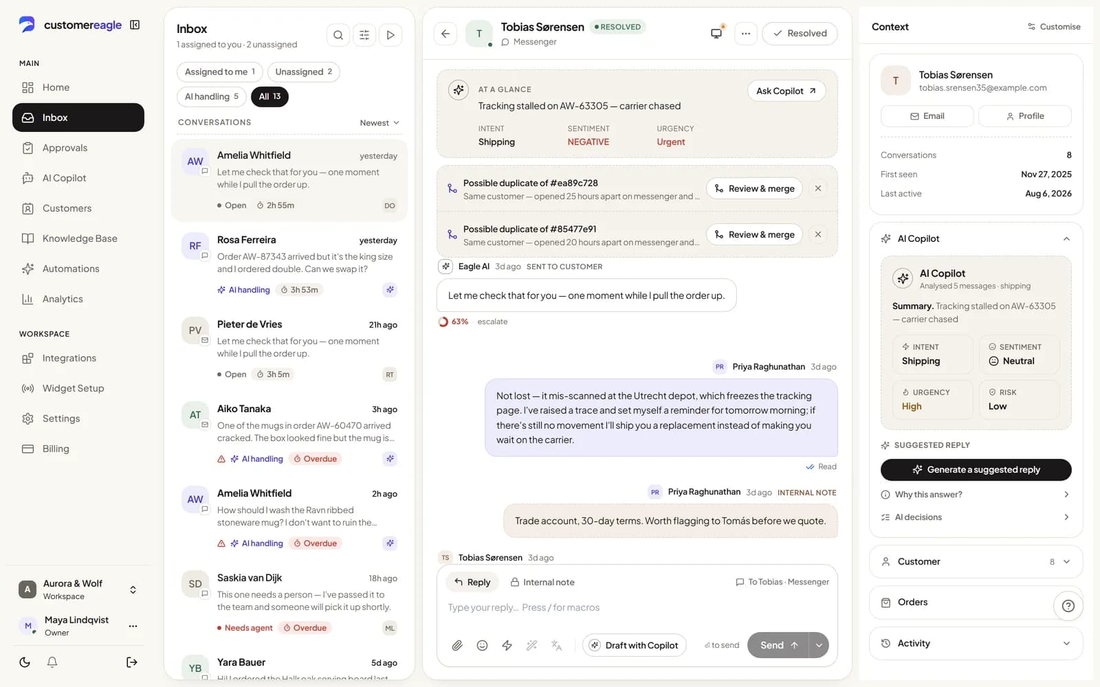 The same thread resolved, with the AI Copilot panel showing the summary, the suggested reply and “Why this answer?”
