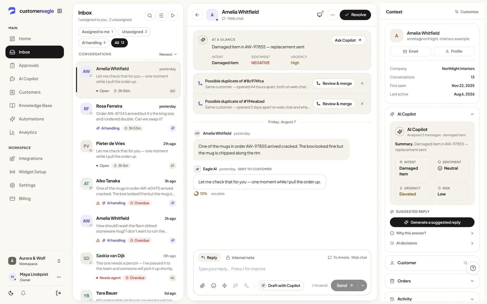 The CustomerEagle inbox with a thread open and the AI's at-a-glance triage: intent, sentiment and urgency